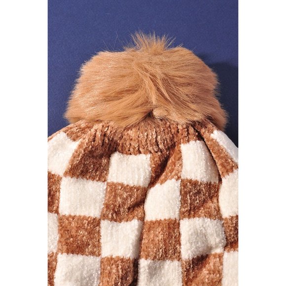 NEW Checkerboard Checked Super Soft Velour Cozy Fleece Lined Pom Pom Beanies Hat - Picture 6 of 11